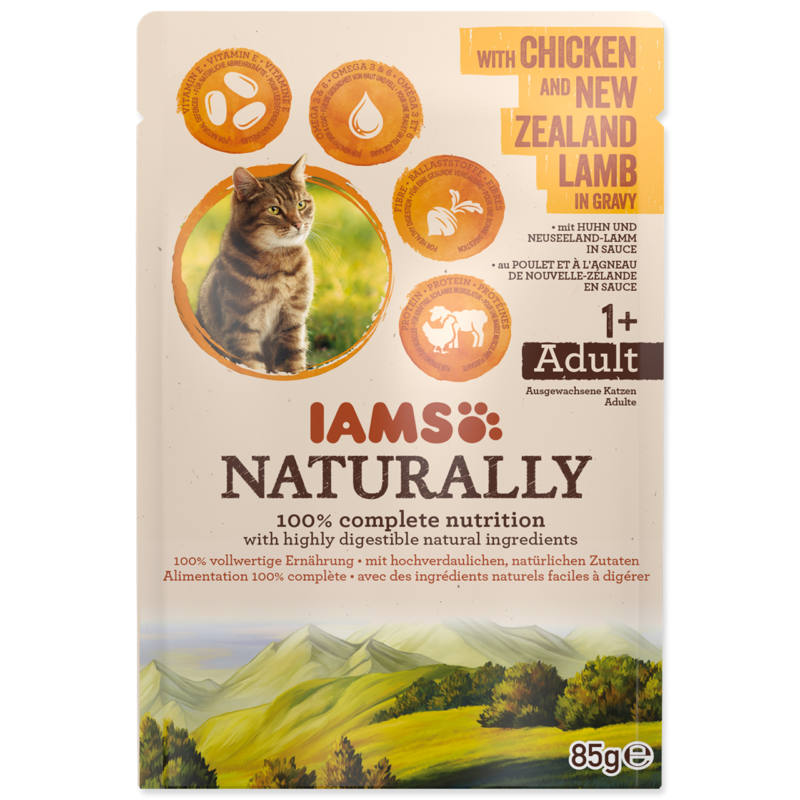 IAMS Naturally Adult konservuotas pašaras katėms su vištiena ir ėriena padaže 85g