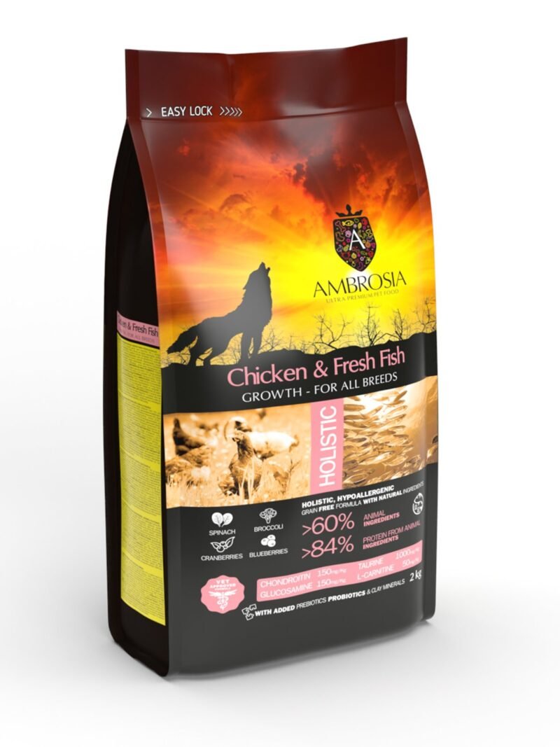 AMBROSIA grain-free Chicken & Fresh Fish Puppy begrūdis vištienos ir šviežios žuvies sausas maistas šuniukams 2kg – vaizdas 2