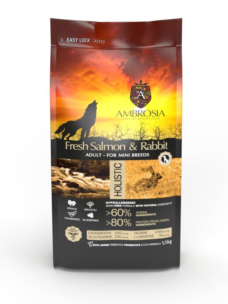 Hipoalerginis Ambrosia Grain-Free Adult Mini Fresh Salmon & Rabbit - Begrūdis Sausas Maistas Suaugusiems, Mažų Veislių Šunims 1,5kg. - 5kg