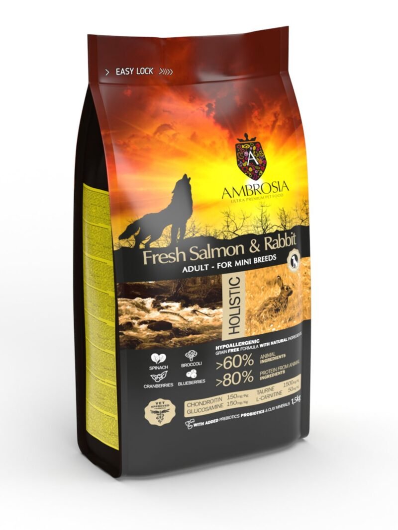 Hipoalerginis Ambrosia Grain-Free Adult Mini Fresh Salmon & Rabbit - Begrūdis Sausas Maistas Suaugusiems, Mažų Veislių Šunims 1,5kg. - 5kg – pilt 2
