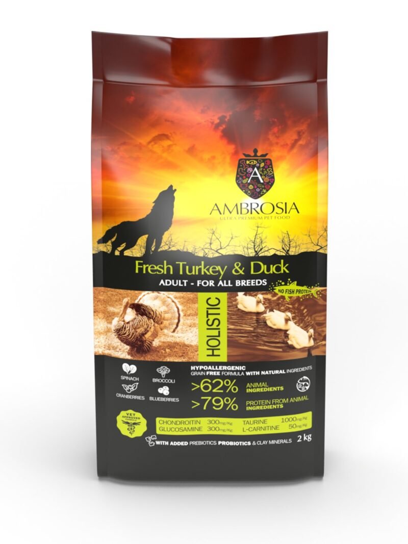 Ambrosia Fresh Turkey & Duck – begrūdis sausas maistas šunims su kalakutiena ir antiena 1kg. - 12kg.