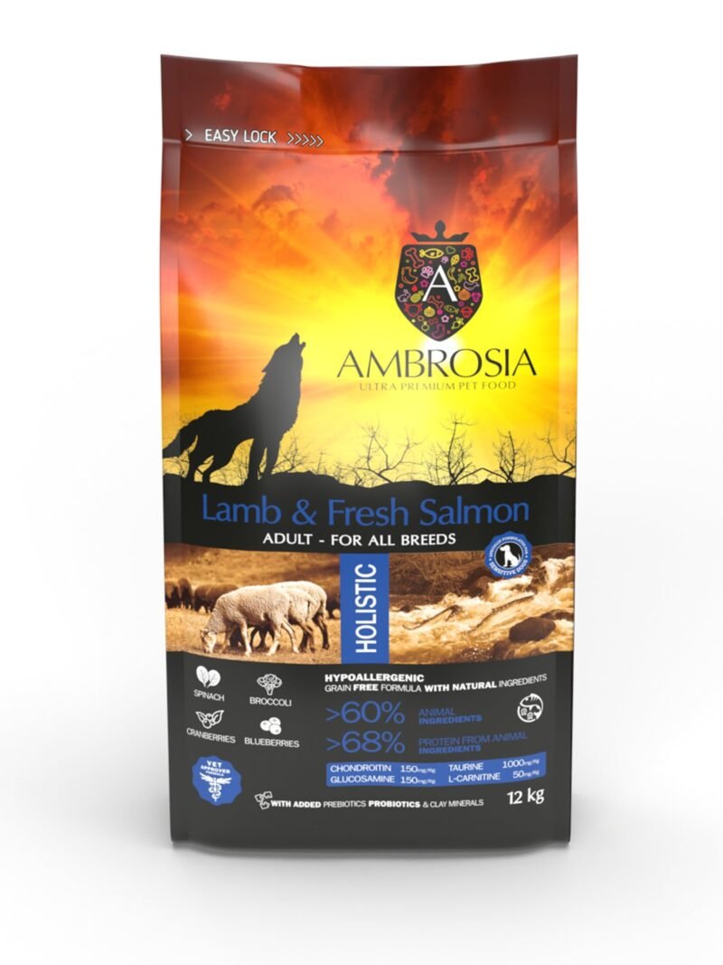 AMBROSIA grain-free Lamb & Fresh Salmon Adult, begrūdis ėrienos ir šviežios lašišos sausas maistas šunims 2kg. - 12kg.