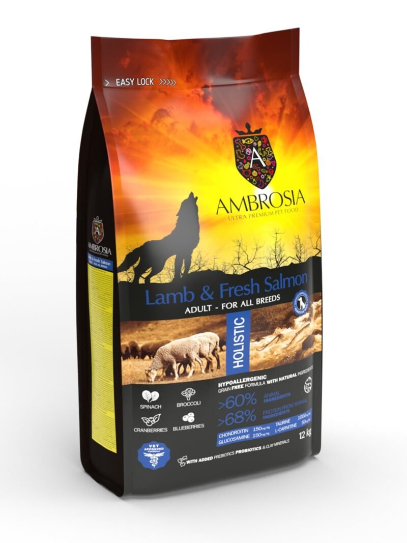 AMBROSIA grain-free Lamb & Fresh Salmon Adult, begrūdis ėrienos ir šviežios lašišos sausas maistas šunims 2kg. - 12kg. – vaizdas 2