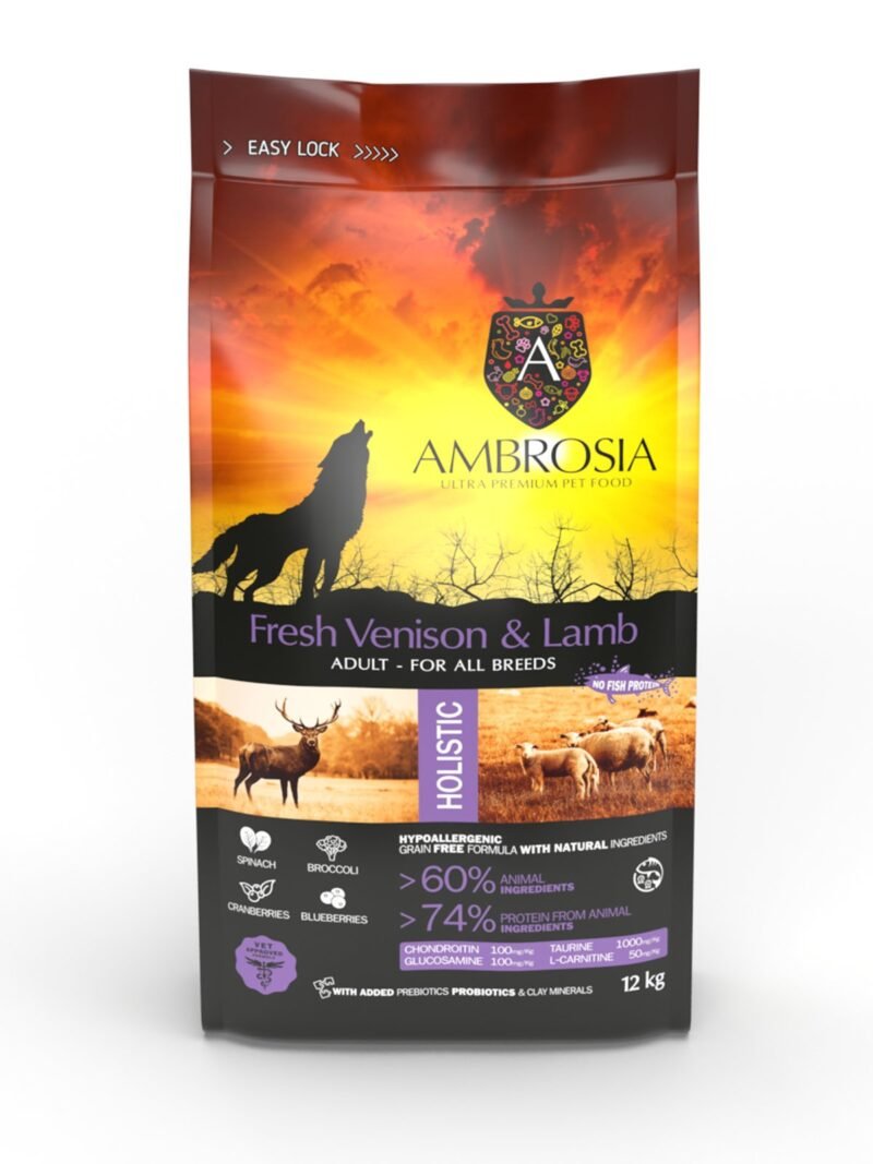 AMBROSIA grain-free Lamb & Fresh Venison Adult, begrūdis ėrienos ir šviežios elnienos sausas maistas šunims 2kg. - 12kg.