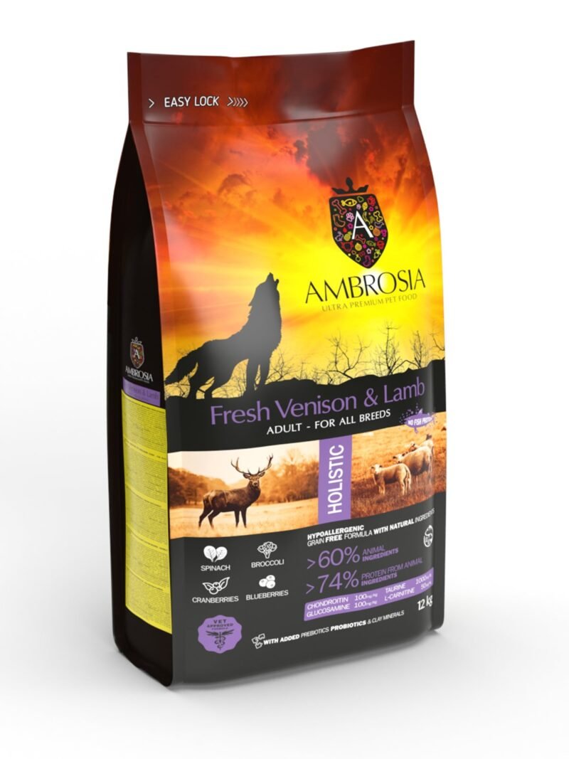 AMBROSIA grain-free Lamb & Fresh Venison Adult, begrūdis ėrienos ir šviežios elnienos sausas maistas šunims 2kg. - 12kg. – vaizdas 2