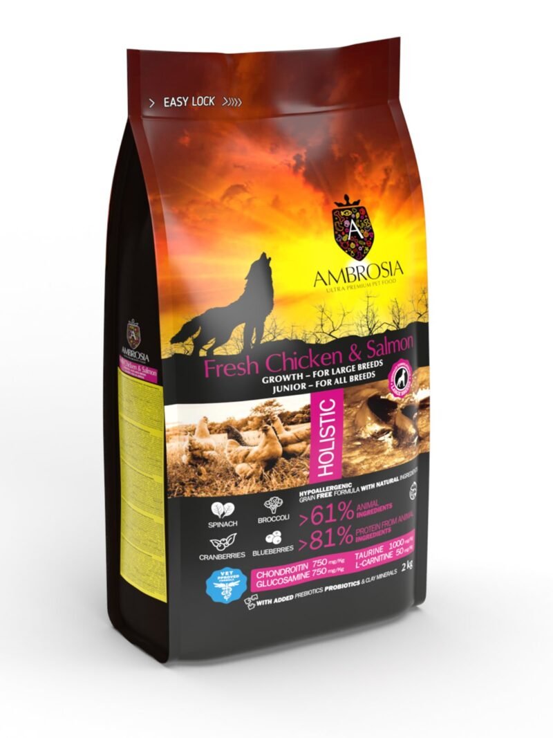 Ambrosia Grain-Free Junior Large breed Fresh Chicken & Salmon – begrūdis sausas maistas jauniems, didelių veislių šunims 2kg. - 12kg. – vaizdas 2