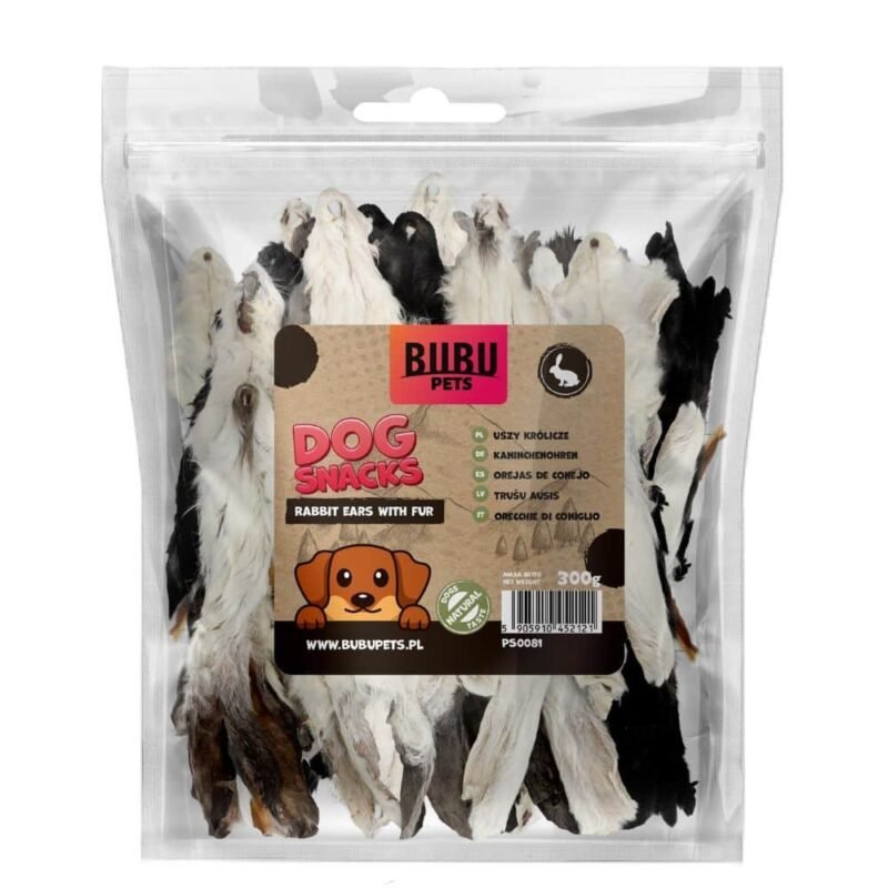 Bubu Pets Rabbit Ear with fur džiovintos triušio ausys su kailiu 300g