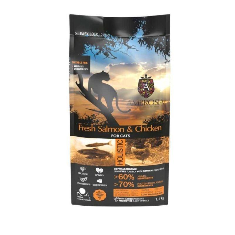 AMBROSIA Fresh Salmon & Chicken Sterilized Cat & Kitten - Begrūdis Sausas Maistas Katėms Su Lašiša Ir Vištiena 1,5kg. - 5kg.