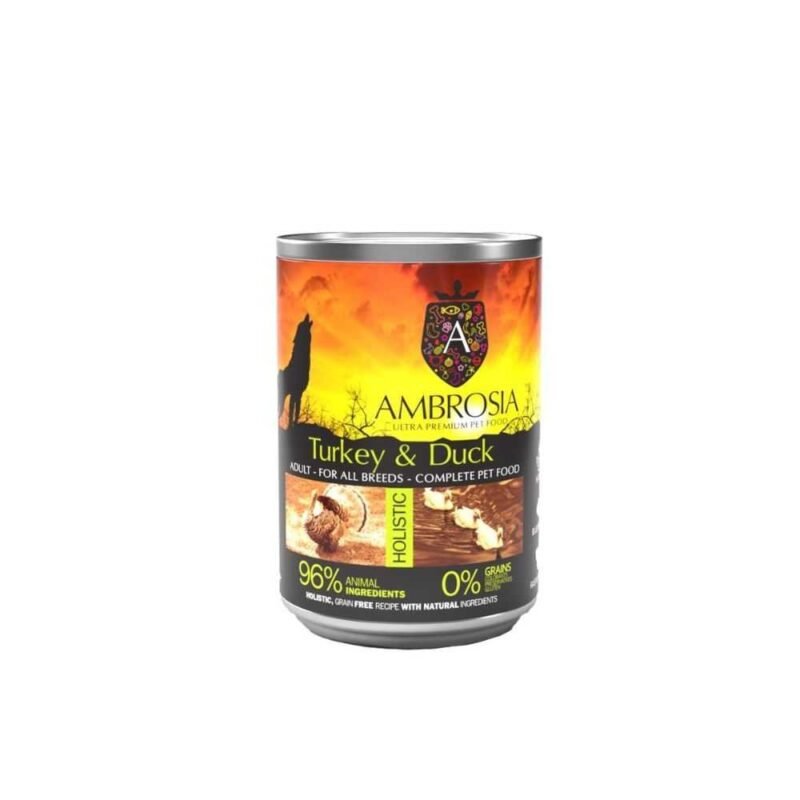 AMBROSIA Turkey & Duck – natūralūs konservai šunims su kalakutiena ir antiena 400g.